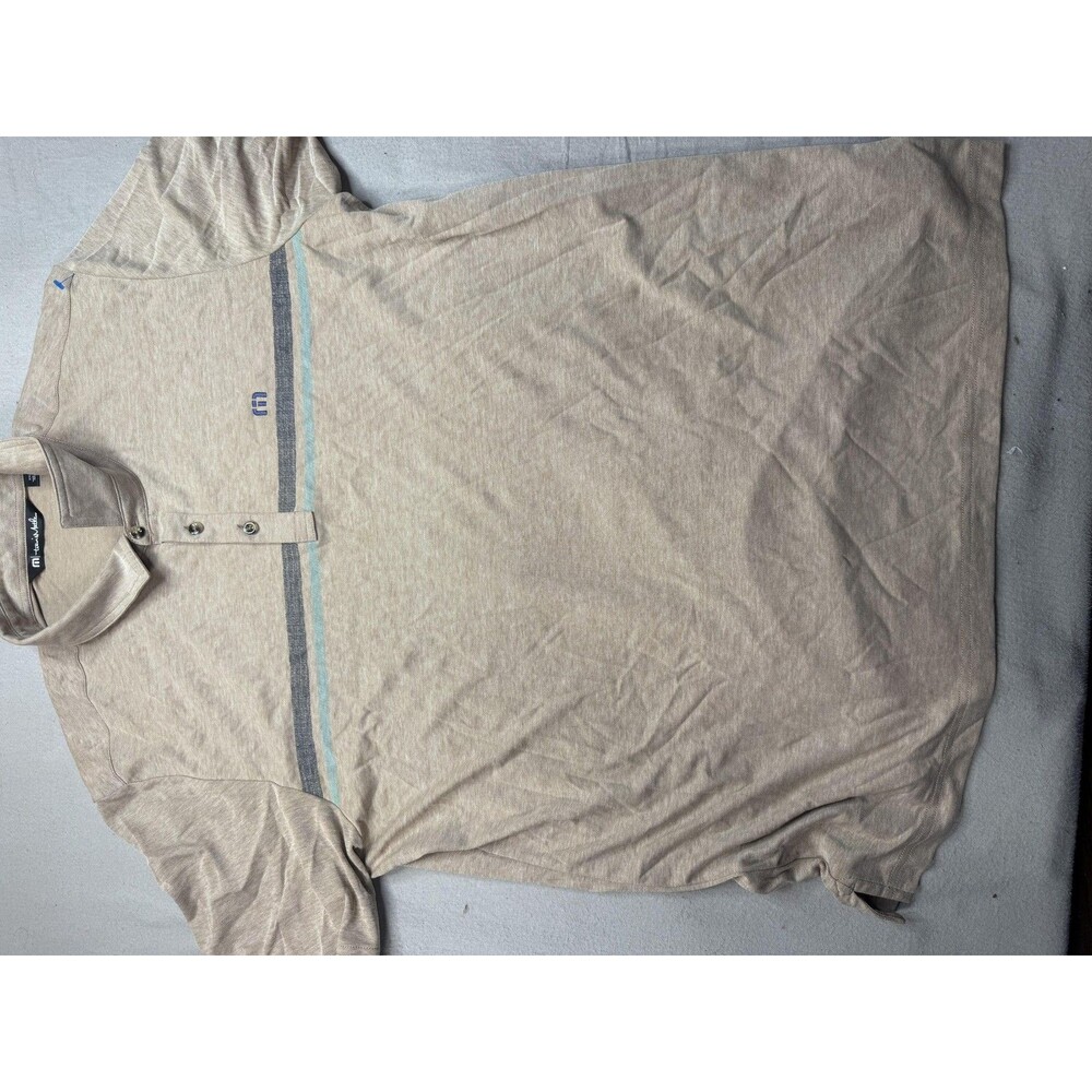 TravisMathew Polo Shirt Mens 2XL Beige Stripe Golf Performance Casual Soft